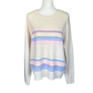 Park Adelyn Ivory Pastel Stripe Knit Pullover Sweater, Large, Feminine, Casual